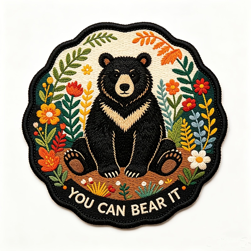 TEMU 1pc Embroidered Black Bear, Wildflowers, And "you Can Bear It" Heat Transfer Patch Sticker