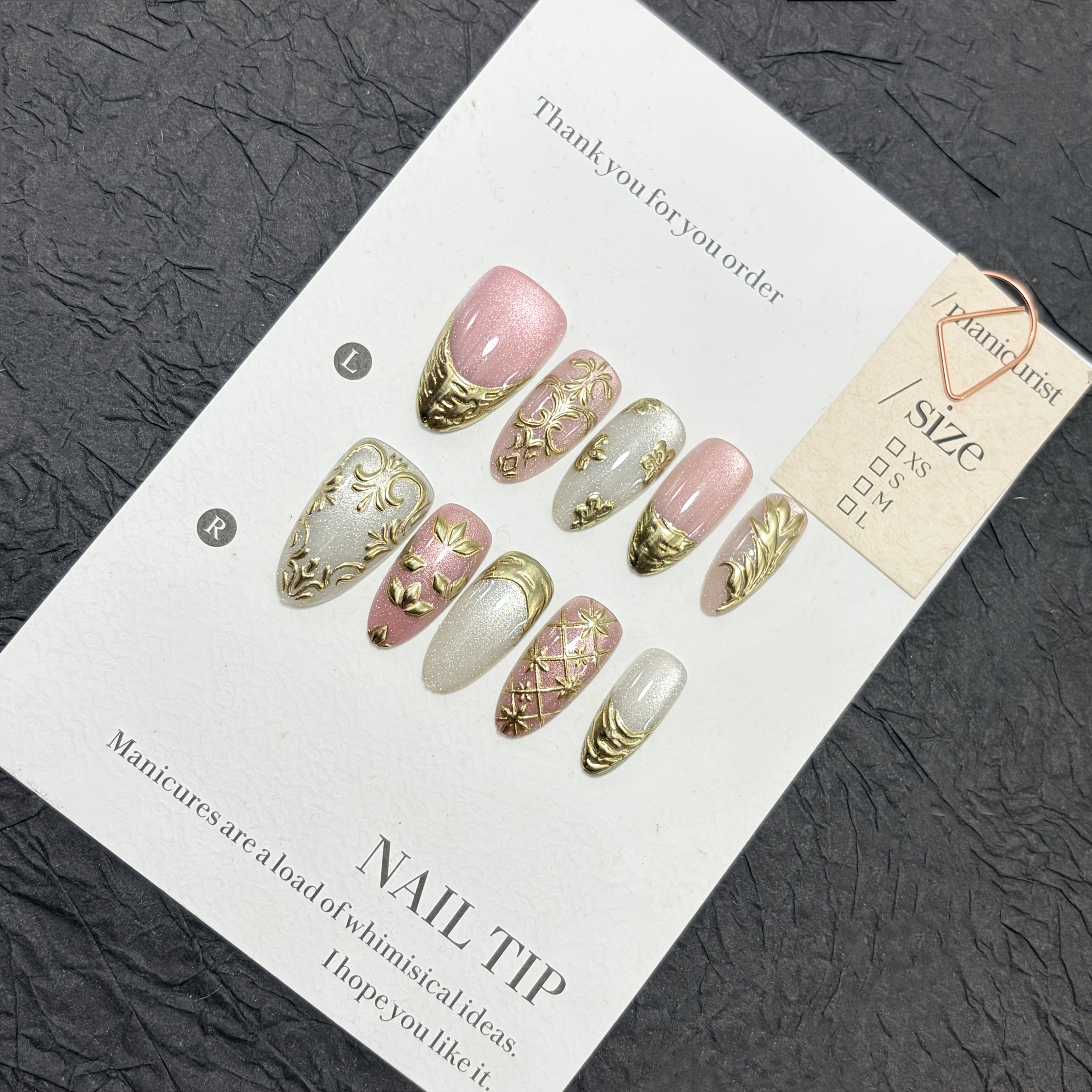 TEMU 10pcs Danartlux Press On Nails Suitable For Bridal - Medium Almond Shape Fake Nails With Nude Pink Cream Glitter, Antique Golden Vine & Flower