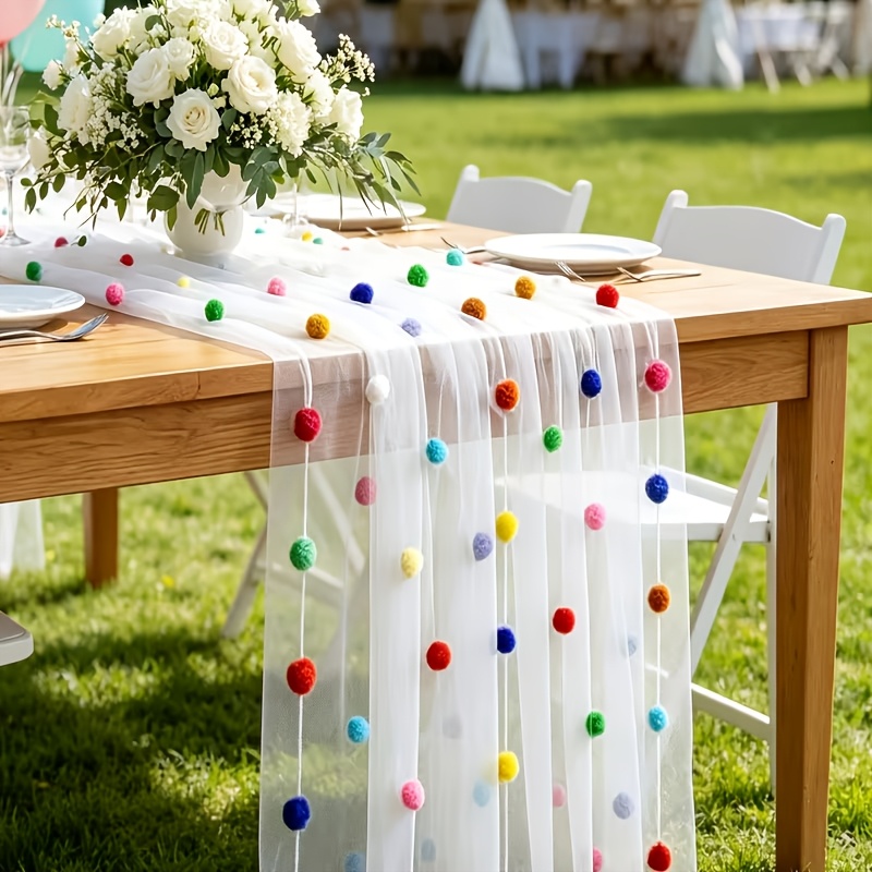 TEMU Partytischdecke mit 3D-Samt-Bommel, Konfetti-Tüll, gepunktetem Käseleinen & Tischläufer aus zartem Pastell-Gaze. Tischdeko für Geburtstage,