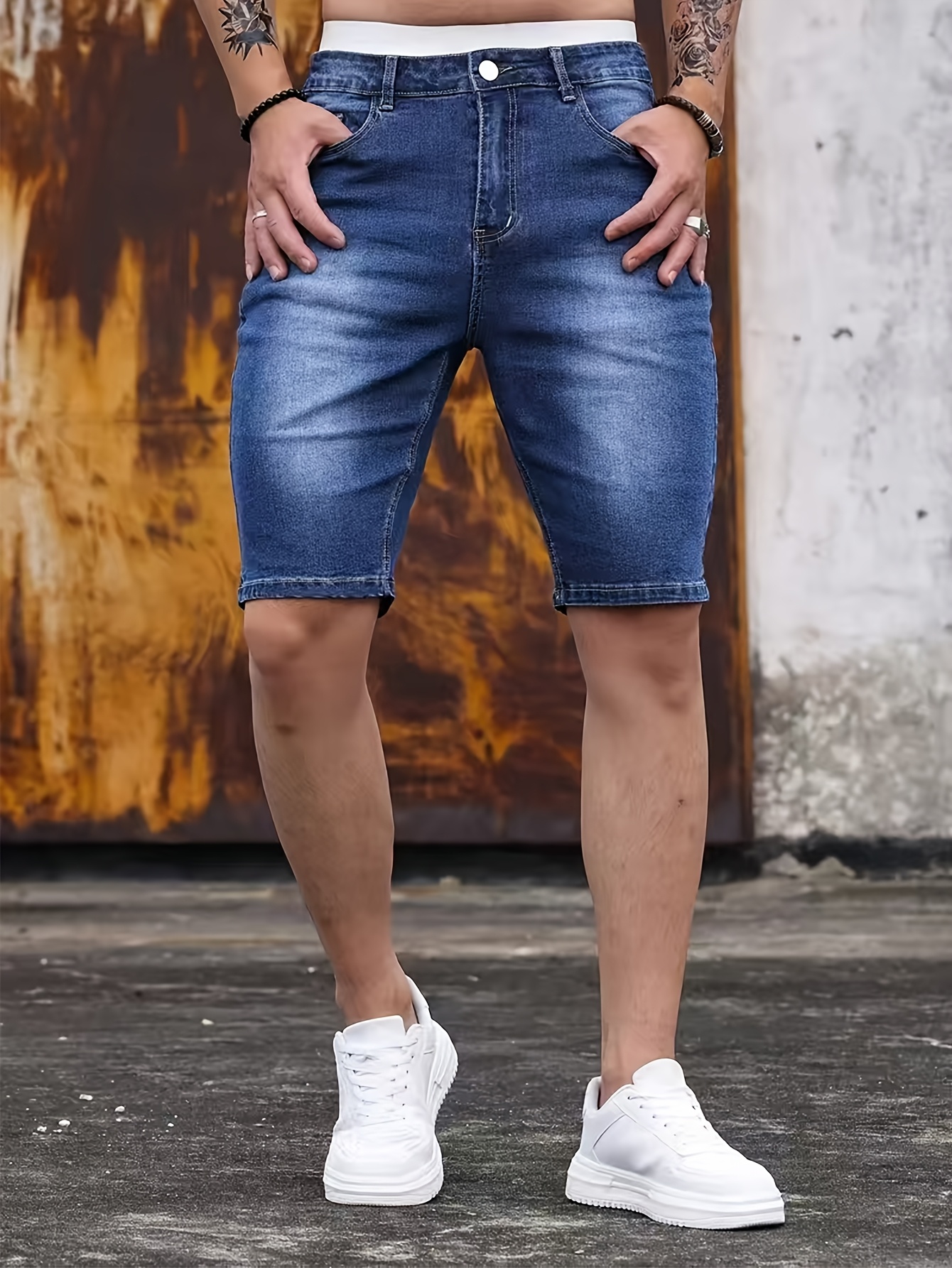 Men's Summer Slim Fit Straight Leg Denim Shorts - Stretch Comfort Mid-Length (Knee-Length) Casual Shorts, Machine Washable Solid Color Basic Style for Versatile Casual Attire, Jean Shorts, Durable Fabric