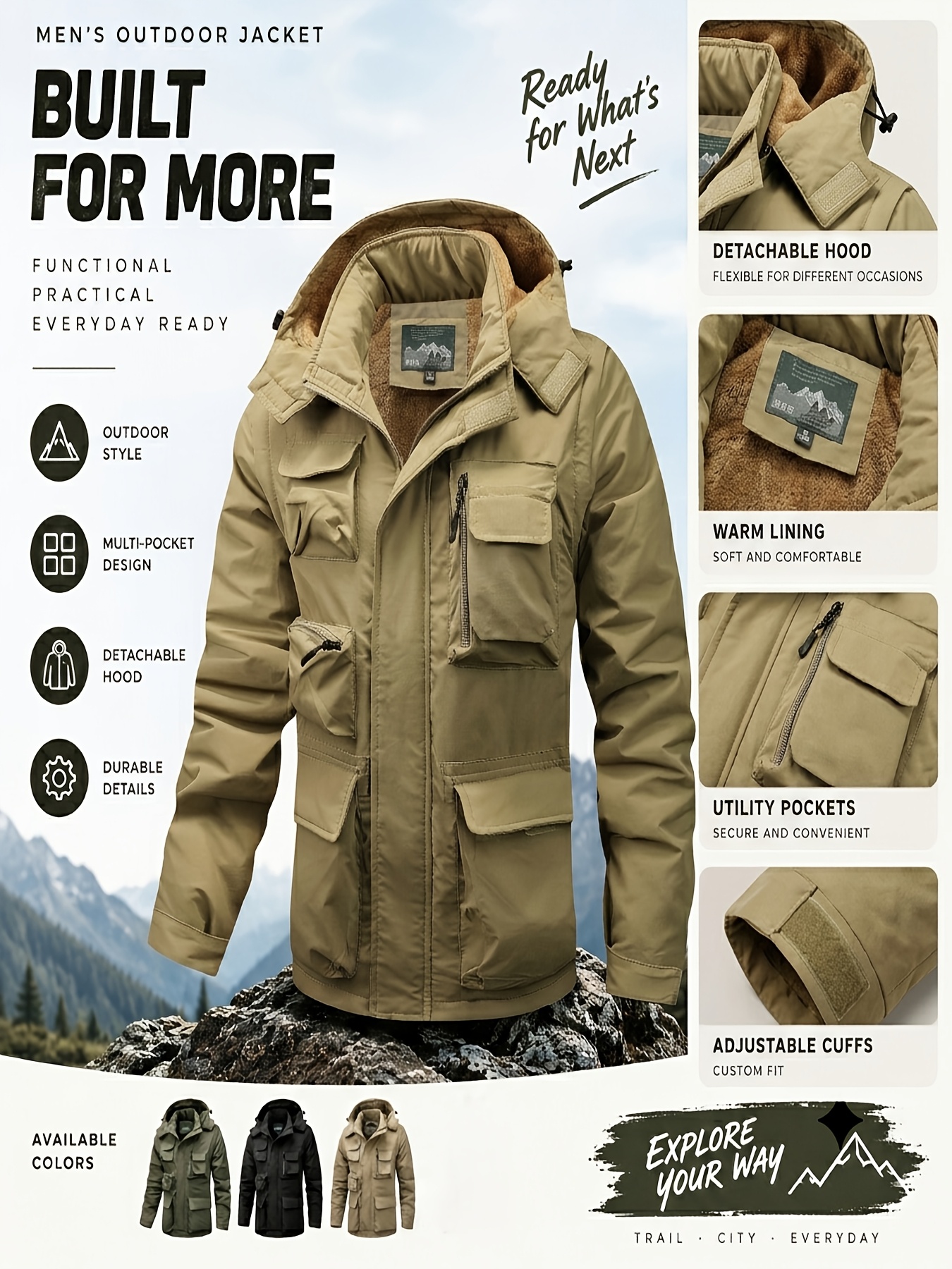 Men's Functional Style Jacket with Thickened Hood and Multi-Pockets
