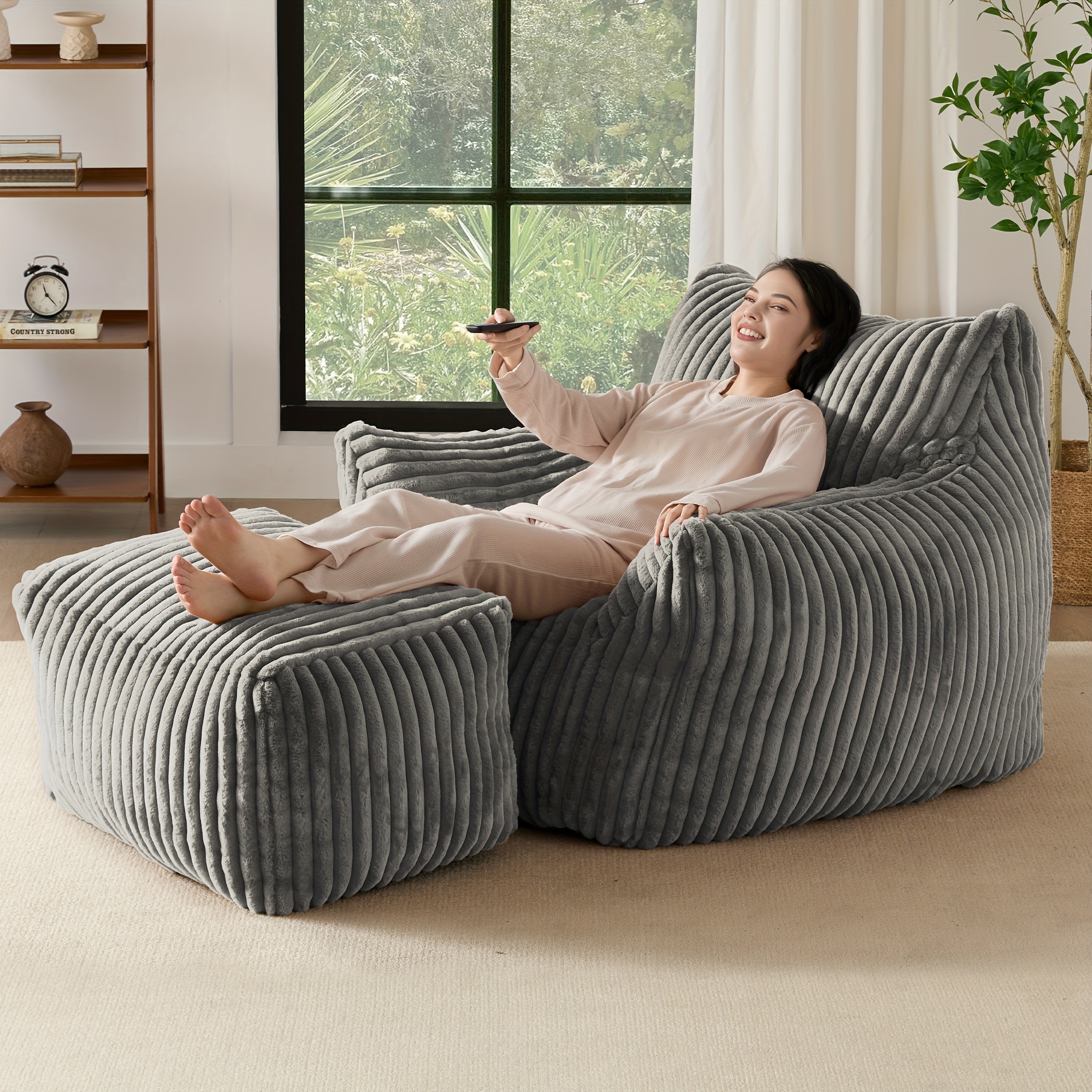 living giving giant plush bean bag chair with footstool for adults with armrests oversized comfy beanbag lounge lazy floor sofa chair for living room bedroom restaurant dorm cozy fluffy single cloud mini couch details 1