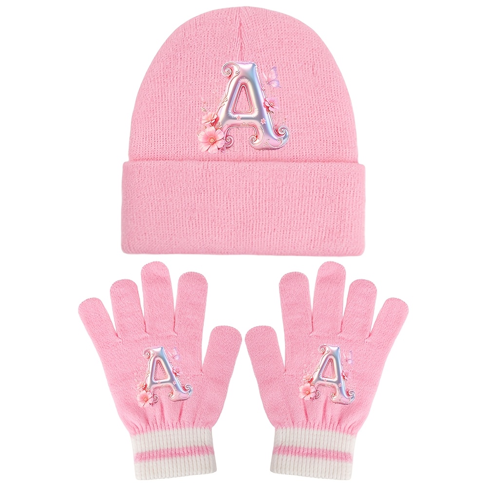 TEMU Ensemble 2 pièces Bonnet d'hiver et Gants, Motif Lettre A-Z Imprimé, Bonnet à Bord Pliable, Chapeau et Gants Chauds d'Extérieur, Convient aux