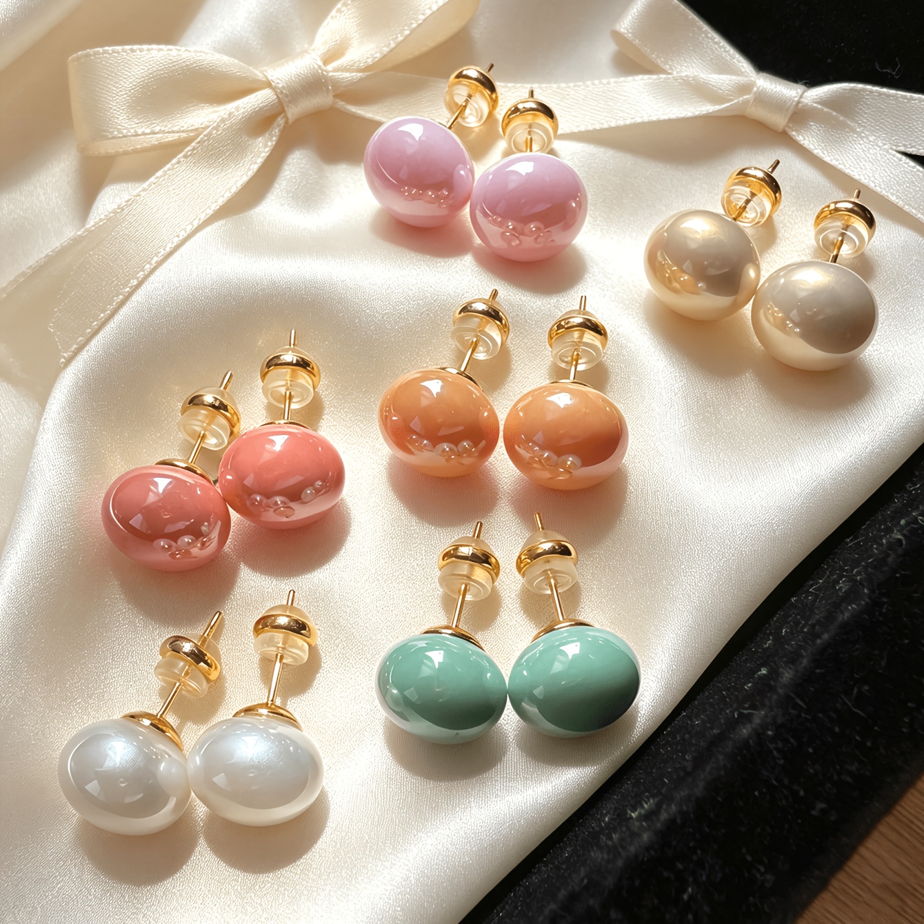 TEMU [new] 6 Pairs, Sweet Easy Cute Fashionable Milk Orange Muffin Light Purple Round White Beads Lake Blue Champagne Geometric Coral Pink Earrings,