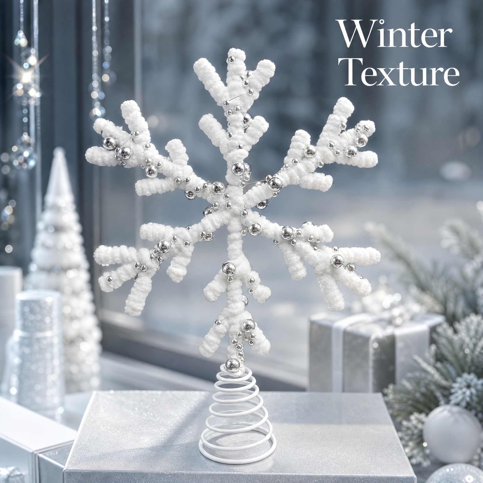 TEMU 1pc 11-inch Snowflake Christmas Tree Topper, Stand With Spiral Base, Velvet-like Texture And Sparkling Silvery Pearls, Ideal For Christmas,