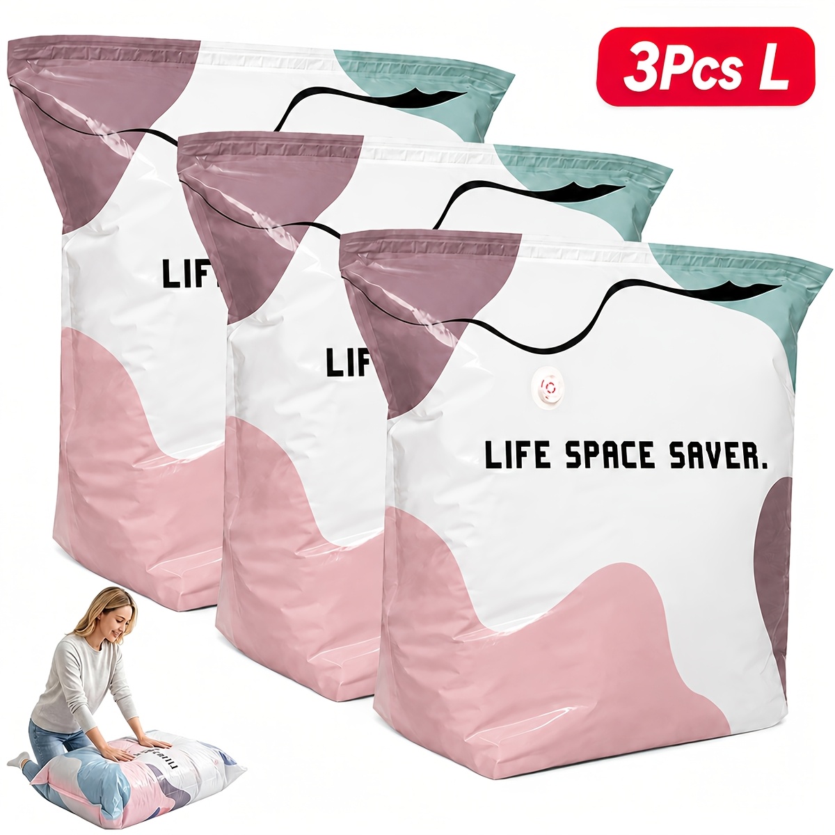 TEMU 3pcs Pump-free Compression Storage Bags, Reusable No-vacuum Space Saver Bags For Clothes, Comforters, Quilts & Bedding, Press-to-compress Travel