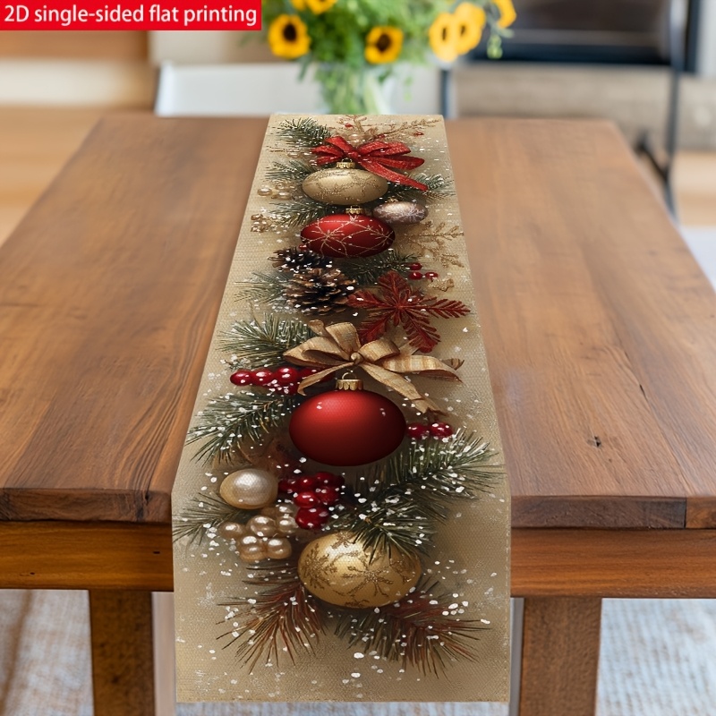 TEMU 1pc 2d Flat Printing Table Runner, 100% Christmas Theme Table Runner, Pine Branches, Ornaments, And Pinecones, With Sparkling Snowflakes And And