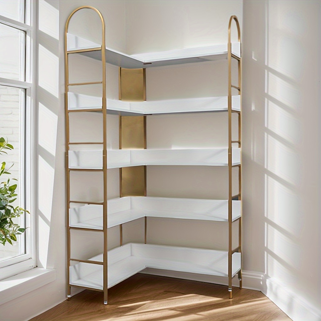 

5-layer Corner Bookshelf Bookcase Product Size: 90.5*90.5*185cm White + Golden 20*20*0.8mm 15*15*0.5mm Steel Pipe (side Frame Horizontal Pipe) Storage Cabinets