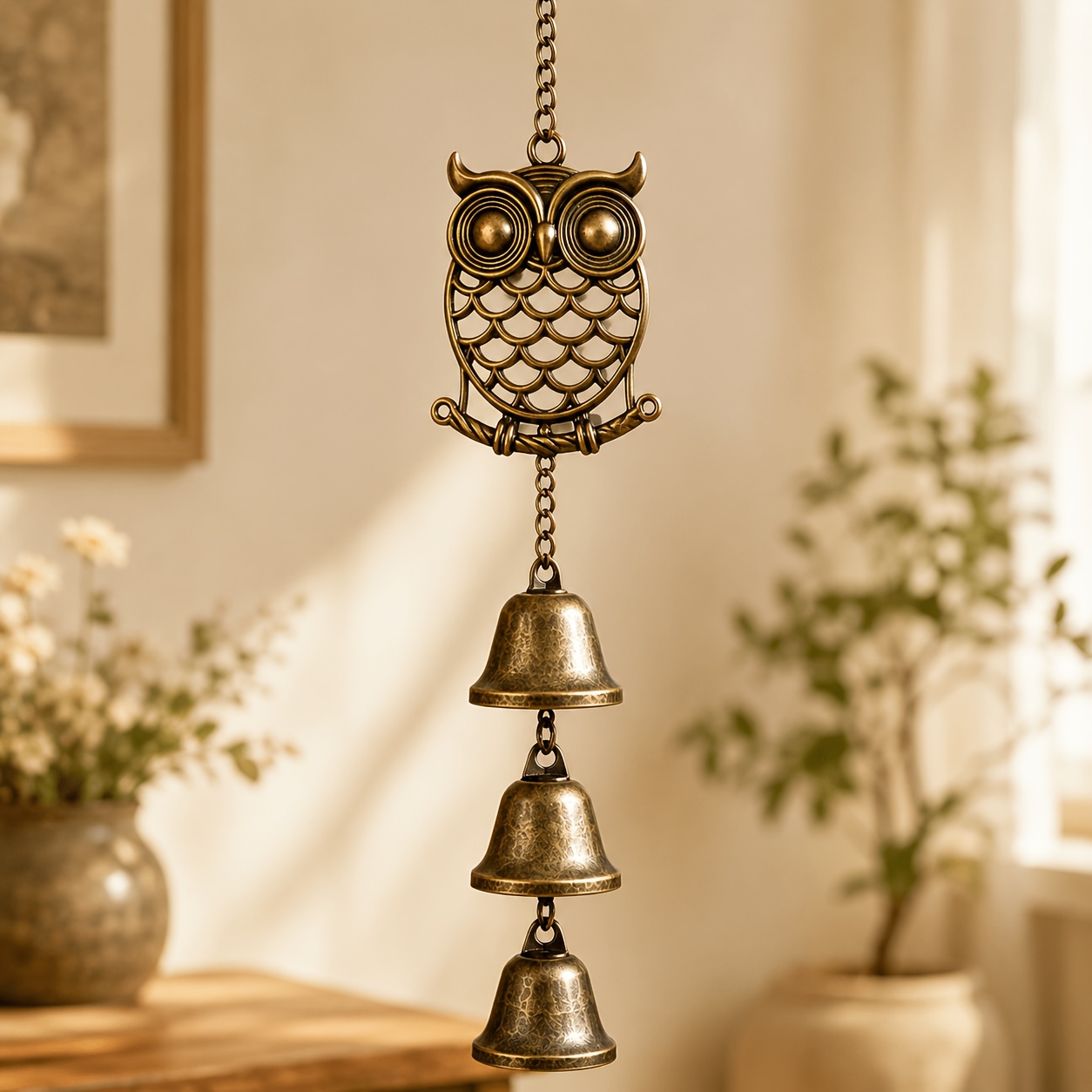 TEMU Carillon à Vent Vintage de 38 cm/14,96" avec 3 Clochettes en Métal, Décoration de Jardin Suspendue Couleur Bronze, Convient pour Porche, Patio,