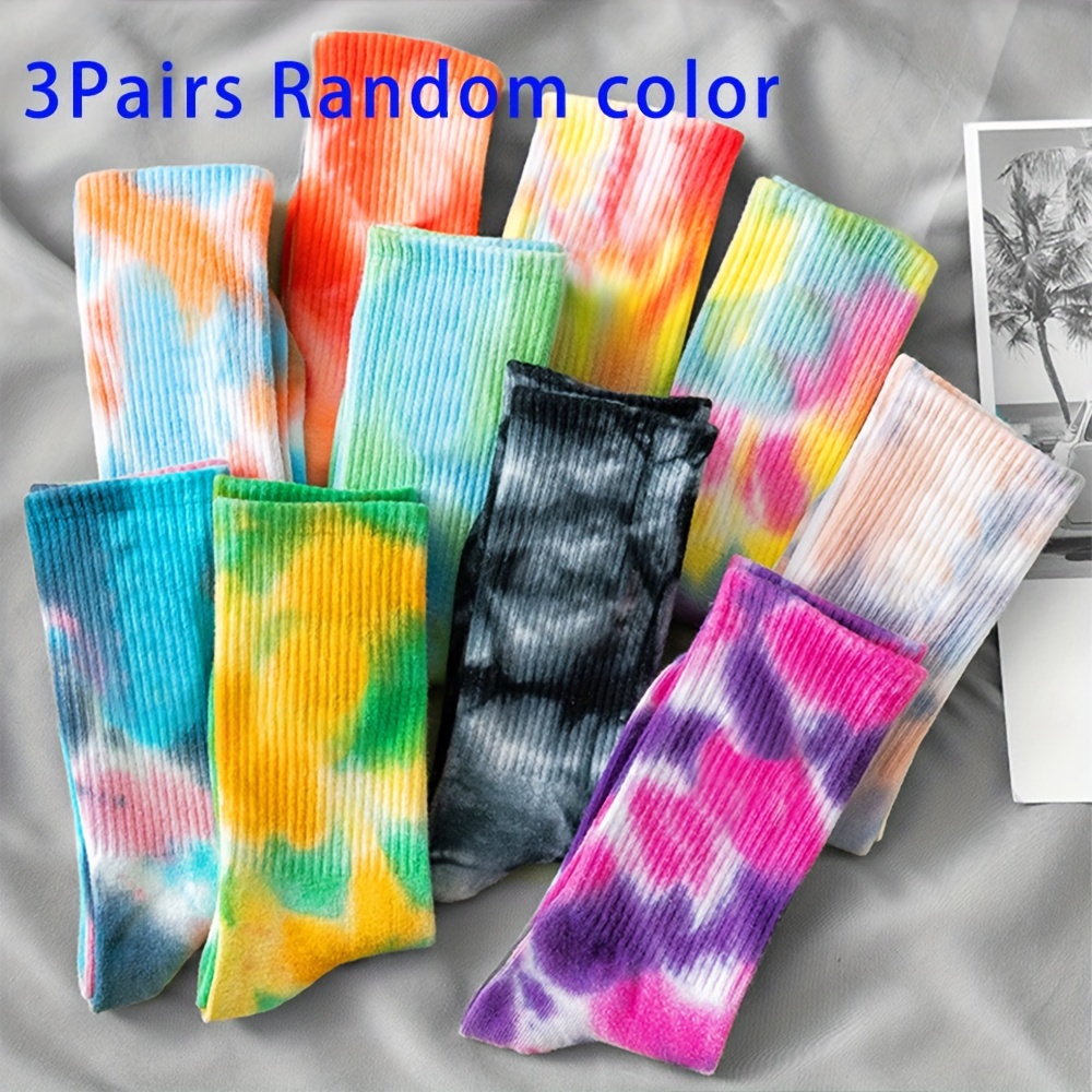 Image of Random 3 Pairs Tie-dye Mid-calf Socks, Western Street Trendy Socks Gradient Colors Fashion Athletic Skate Socks Individual Colored Mid-calf Socks