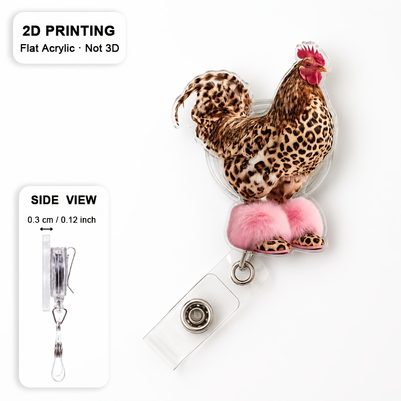 TEMU 2d 2d Printed Acrylic Retractable Badge Reel, Fun Leopard Print Chicken Id Card Holder, Cute Badge Reel Gift For Nurses, Teachers, Students,