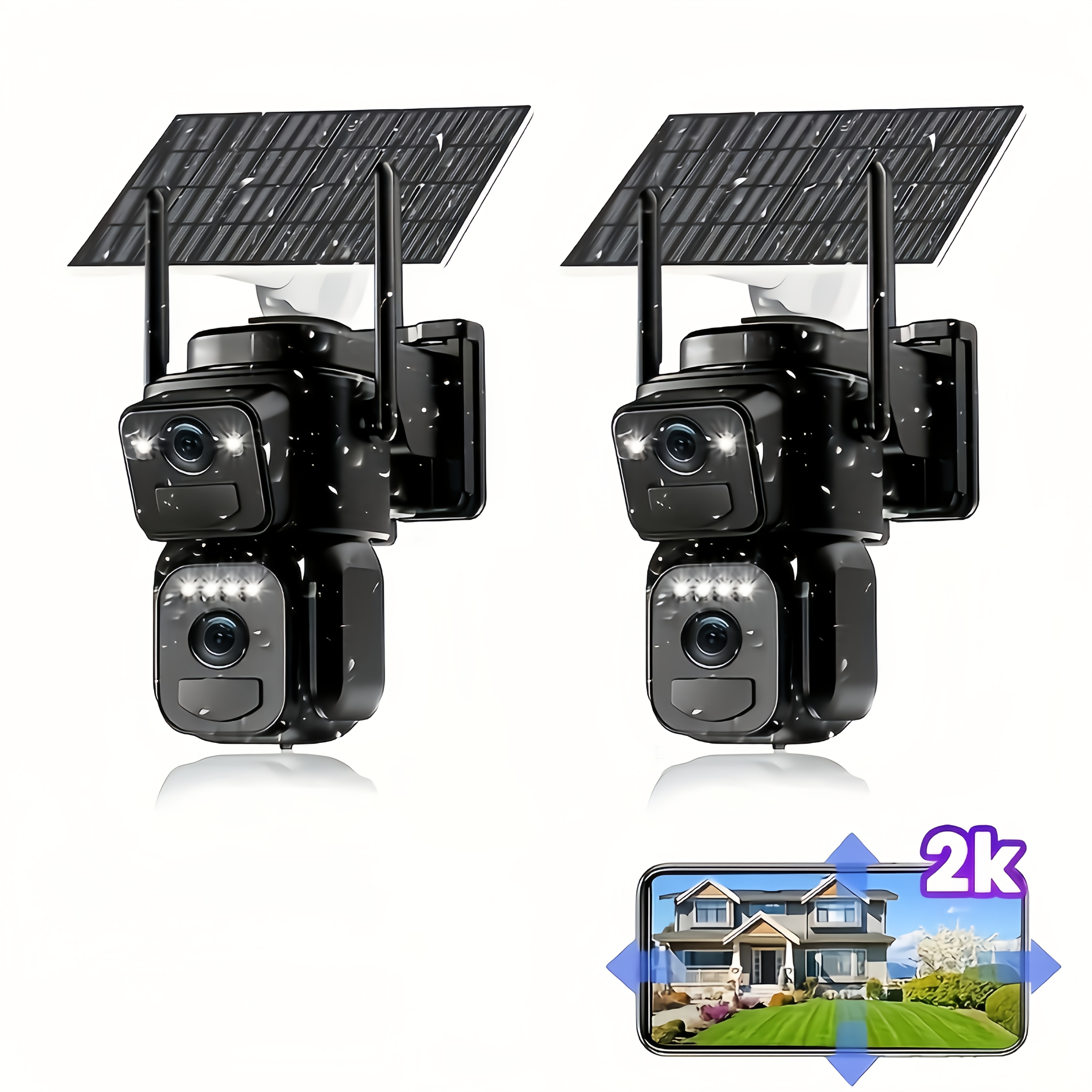 TEMU Caméra de sécurité intelligente à panneau solaire, 2 pièces, connexion WiFi 5G double bande stable, connectivité Bluetooth, double objectif 2K