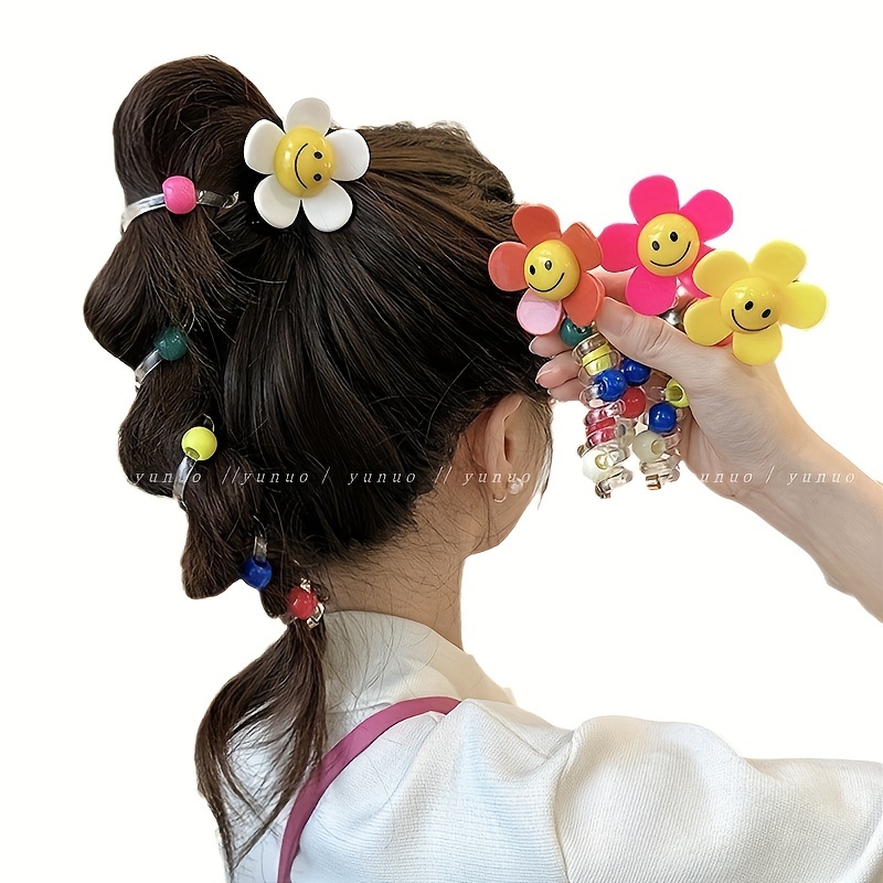 

4pcs Colorful Flower And Smiling Beaded Phone Cord Hair Ties, Cute Hair Accessories For Girls, Elastic Hair Bands With Flower Charms