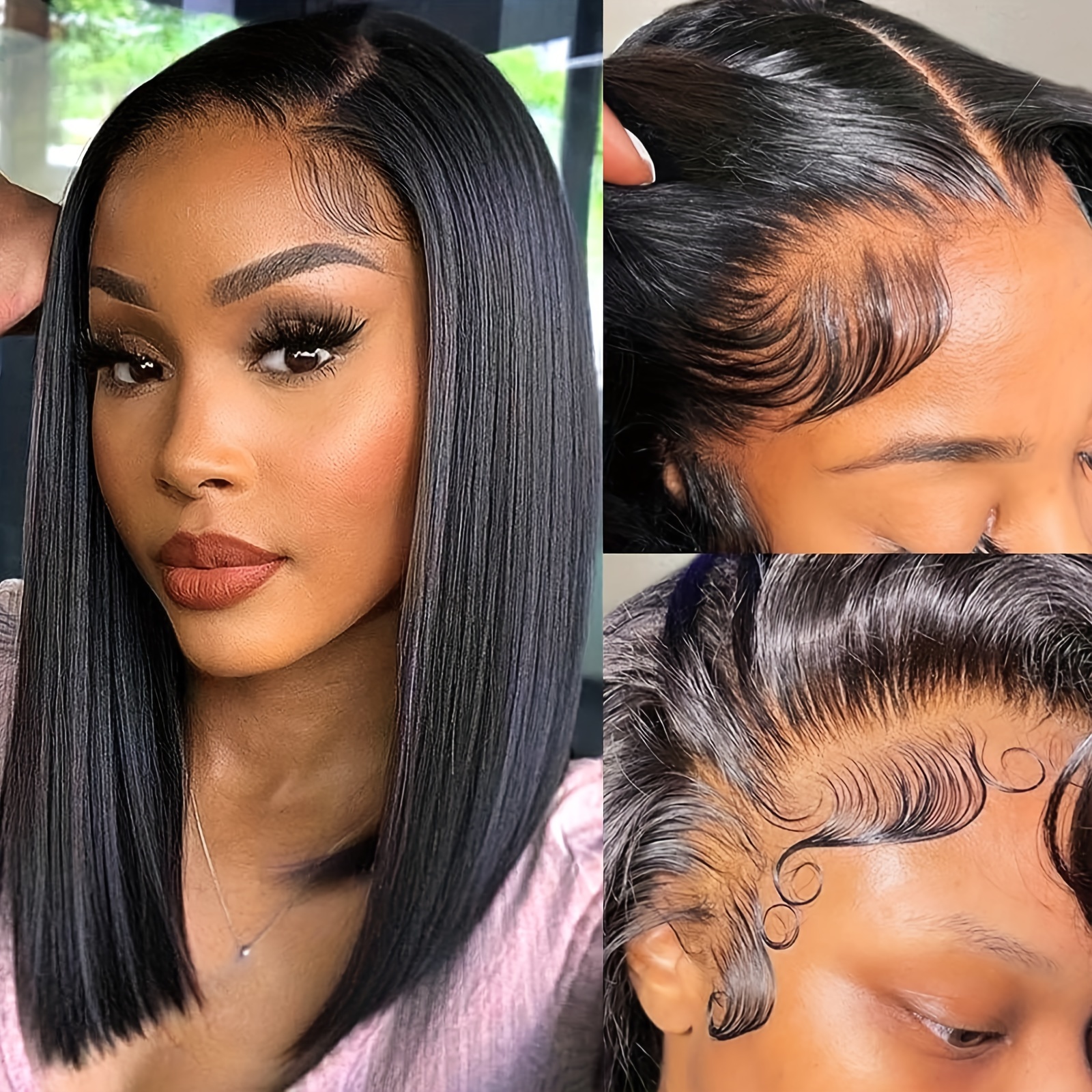 TEMU Bob Wig Human Hair Glueless Bob Wigs Human Hair Baby Hair Transparent Straight 4x4 Lace Front Bob Wigs Human Hair 150% Density Natural Black Inch 10inch 12inch 14inch
