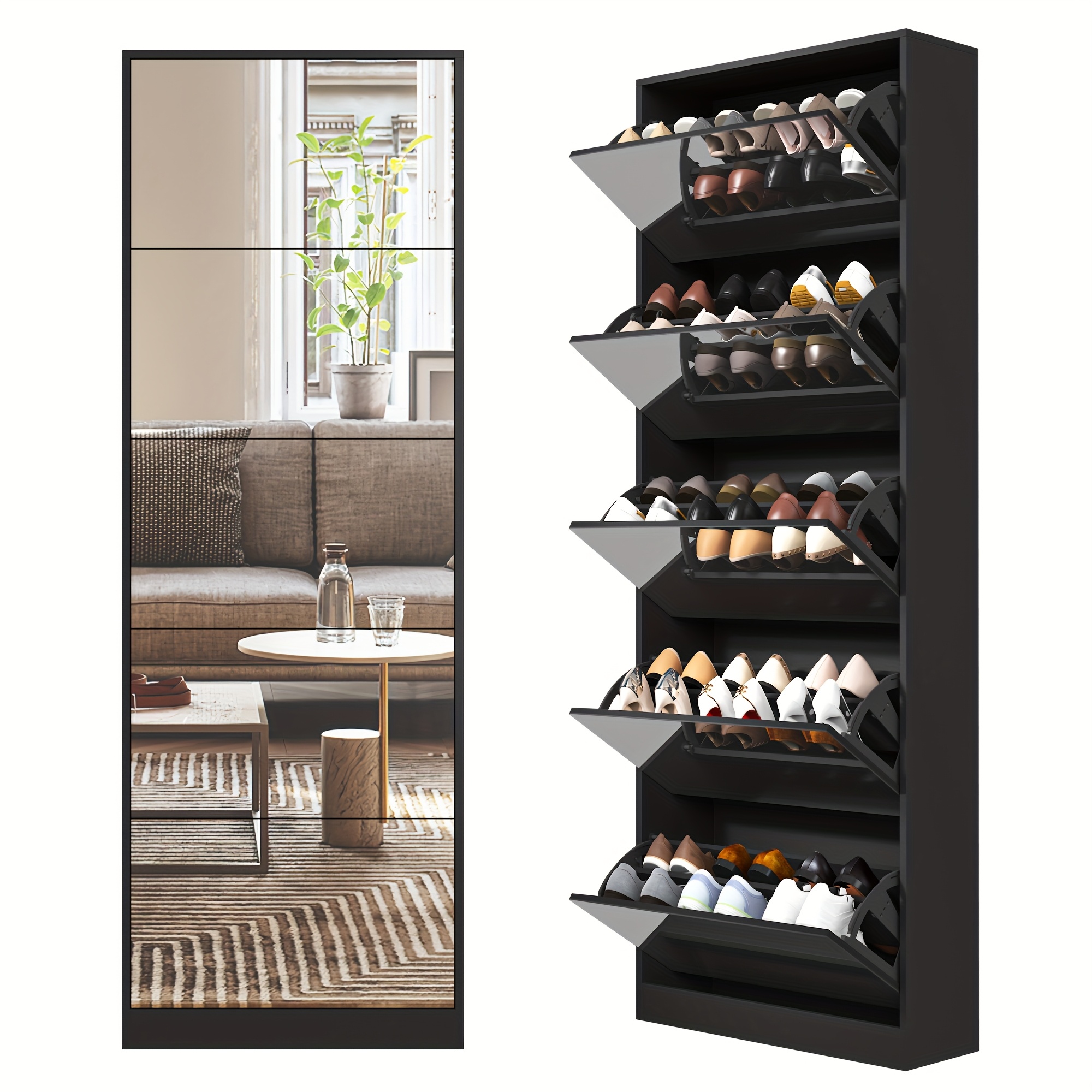 mirror shoe cabinet double rack shoe storage cabinet with full length mirror 5 flip drawers white wooden shoe organizer for entryway hallway and   floor mount  