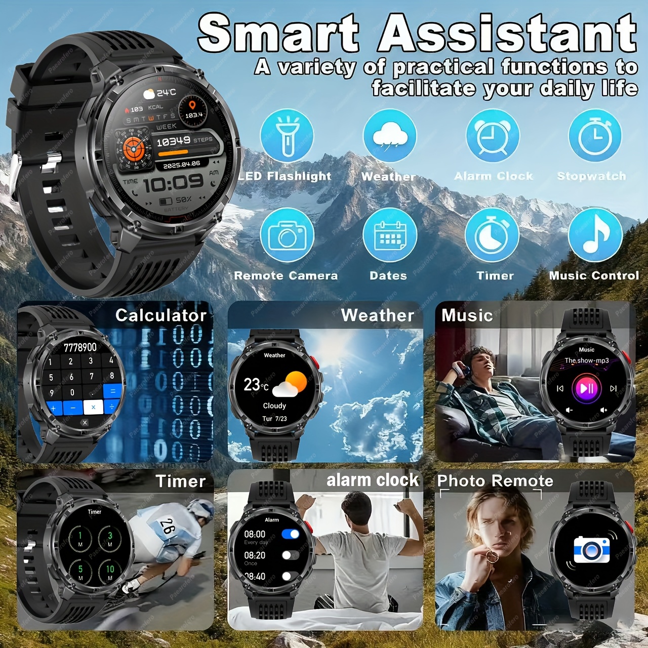 La nouvelle montre connectée 2025 avec batterie grande capacité 1100mAh, appels sans fil, notifications de messages, navigation par boussole et divers petits outils comme secondeur, réveil, lampe torche, météo, calculatrice, minuterie, podomètre calorique, 120+ modes sportifs et 100+ fonds d'écran.