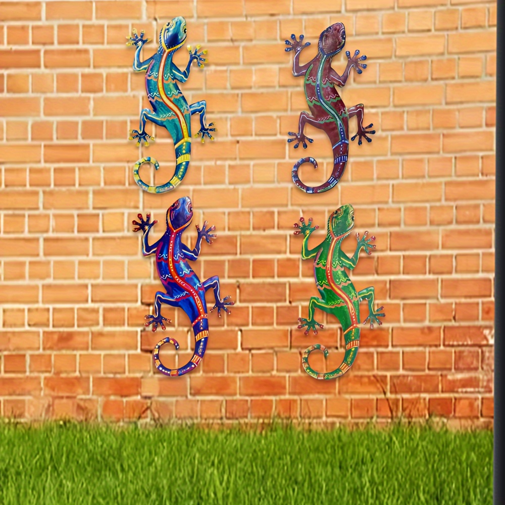 

4 pièces de décoration murale gecko en métal coloré, 16x28cm/6.3x11 pouces, art de lézard en fer rustique pour la décoration extérieure de la maison et du jardin