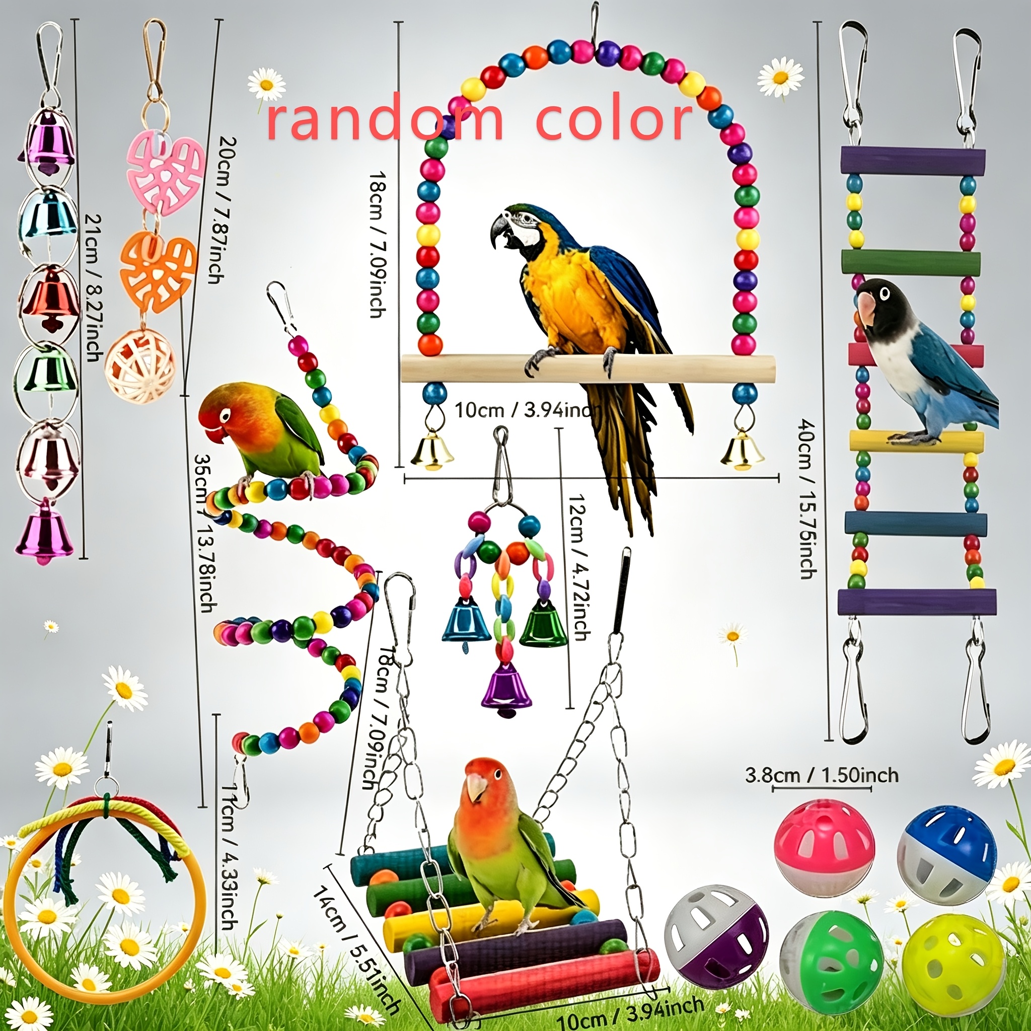 TEMU 13pcs Parrot Toy Set, Bird Cage Swing Ladder Bell Chewing Bead Combination Parrot Entertainment Grinding Full Additions 13pcss Including Swing,