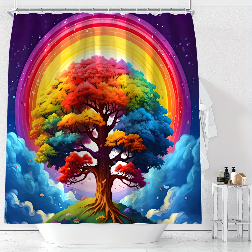 

Colorful Tree & Pattern Shower Curtain - Waterproof, Machine Washable With Hooks Included - Perfect For All Seasons