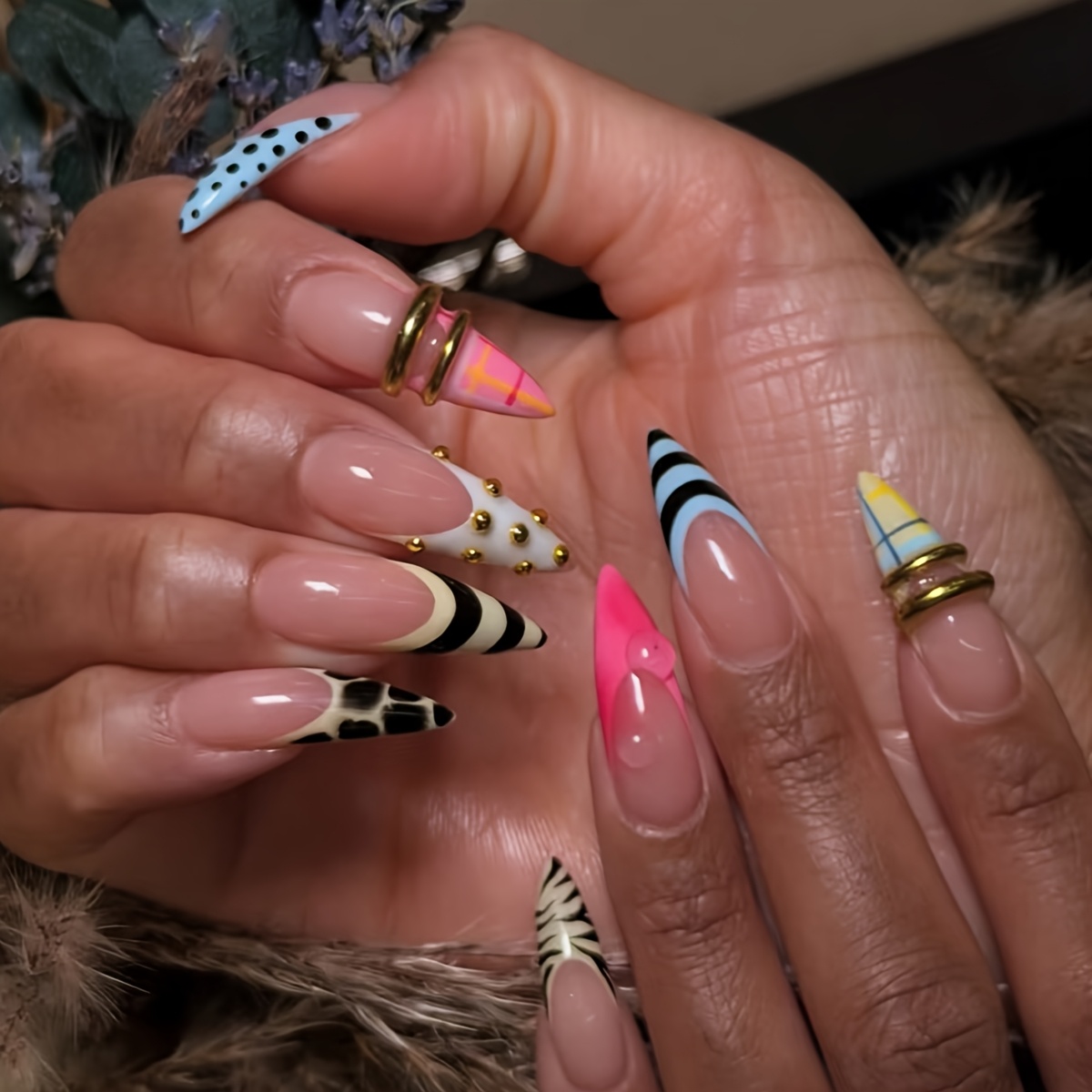TEMU 24pcs Long Sharp Tip Press Nails Suitable For Women & - Leopard Print, , Polka Dot Detachable Nail Wraps With Glossy, Pre-made Gel Polish & Tip