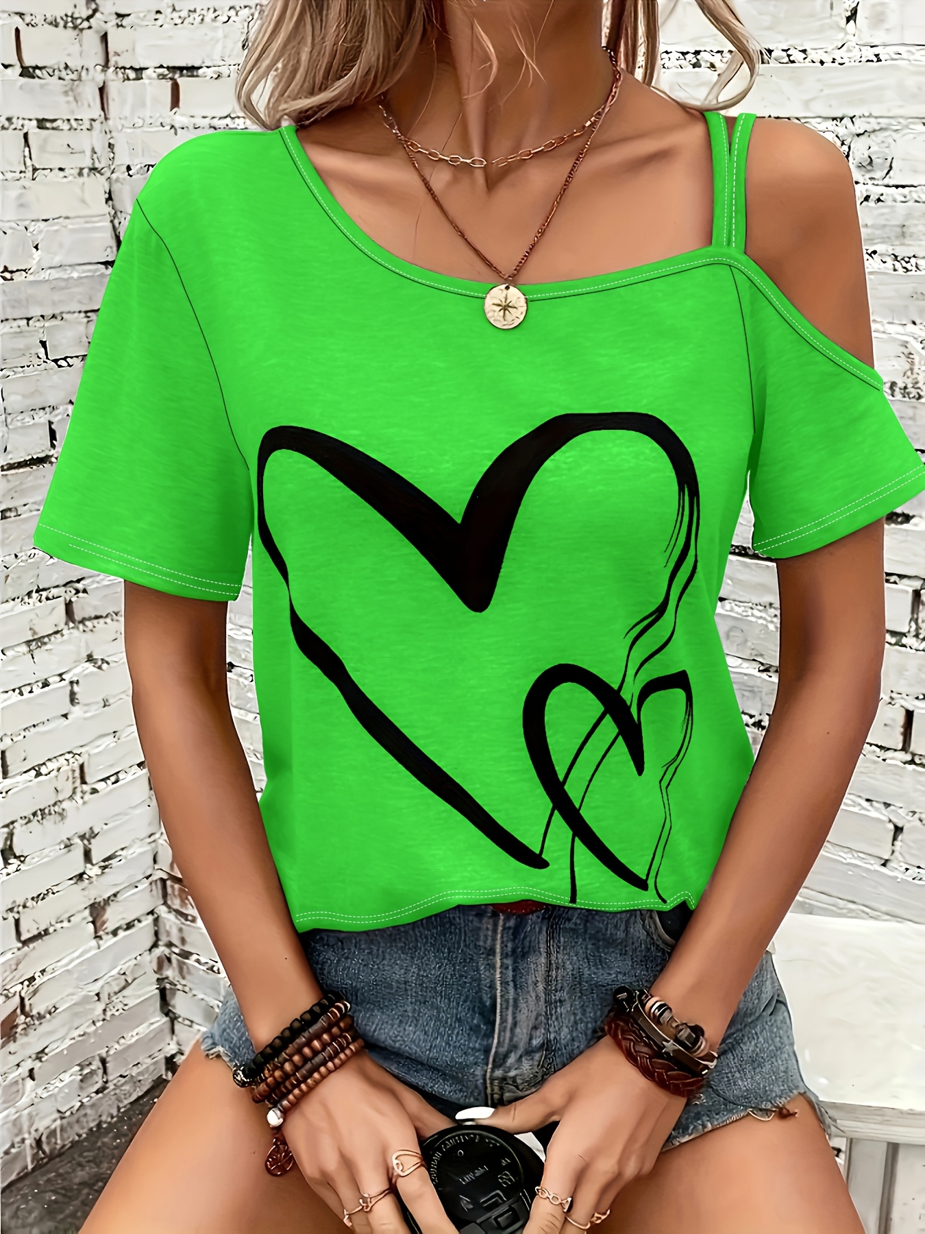 Heart Print Slant Shoulder T-shirt, Casual Short Sleeve Top For Spring & Summer, Women's Clothing
