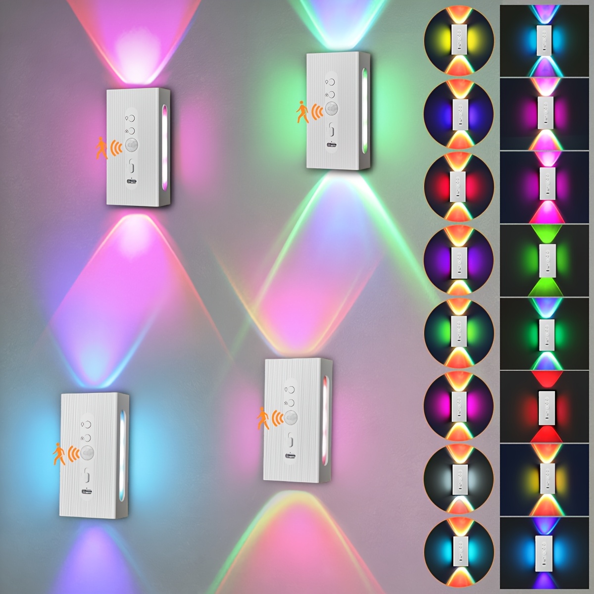 E-shop 4/2/1 Stück PIR-Bewegungssensor Smart Nachtlicht, LED Wiederaufladbare Wandleuchte, mit Seitenlicht, RGB-Verlauf Ambientlicht, Dimmbare