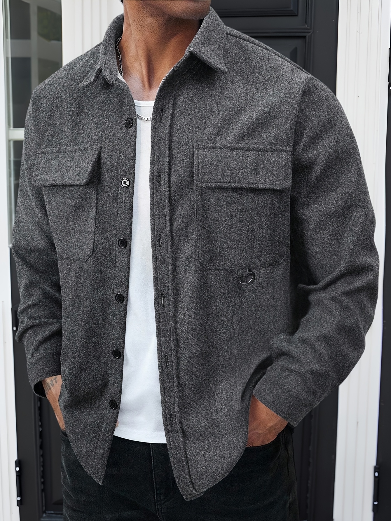 item picture Old Moneg Men's Long Sleeve Shirt. Symmetrical Pocket Design. Stylish And Versatile.Soft And Slightly Elastic, Comfortable And Breathable, Unisex.Suitable for Streetwear, Casual Daily Wear, Weekend Outings, Social Gatherings. Back to School.