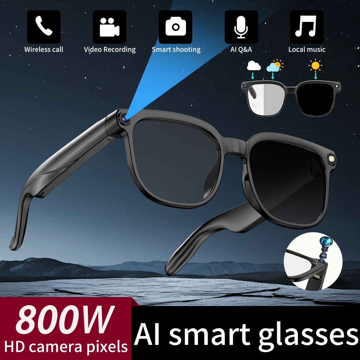 Gafas Inteligentes * AI con Cámara, Traducción y Lentes *-Color - Grabación  de Video en HD, Traductor * Real - Gafas Inteligentes Ideales para Viajes,  Exteriores y Deportes