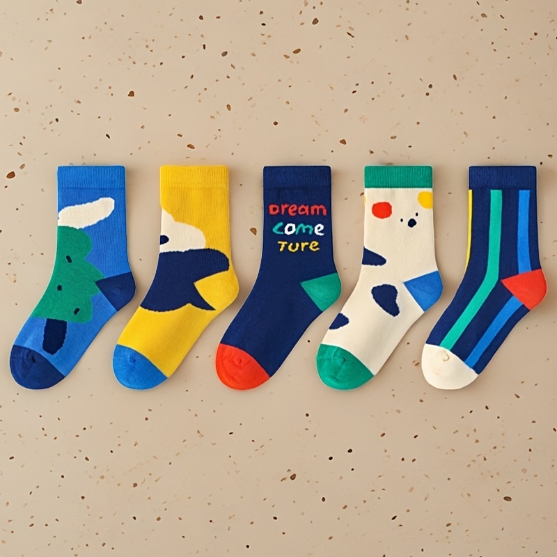 Image of 5 Pairs Of Children's Socks, Mid-length, Spring-autumn-winter Style, For Boys, Girls, Cute Cartoon Designs, Suitable For Toddlers, School Students, For Use .
