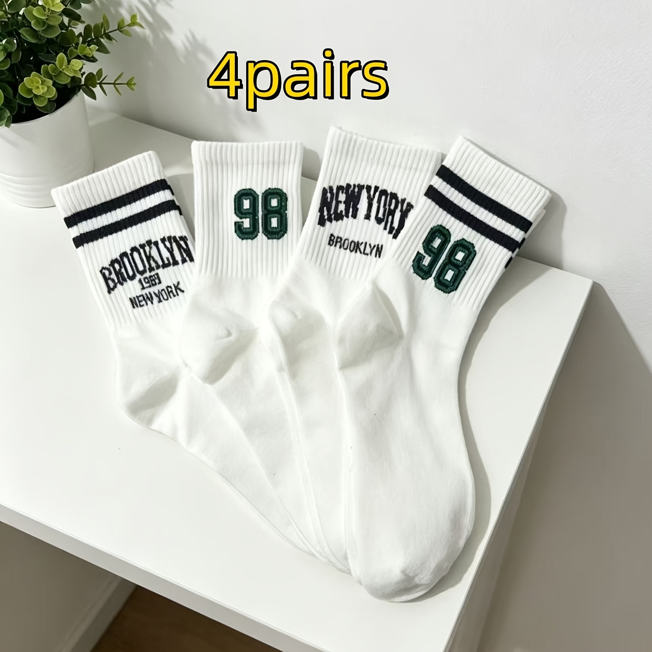 TEMU Pack de 4 de calcetines de media pantorrilla para mujer para toda estación, para deportes y uso casual - Patrones de números y del alfabeto