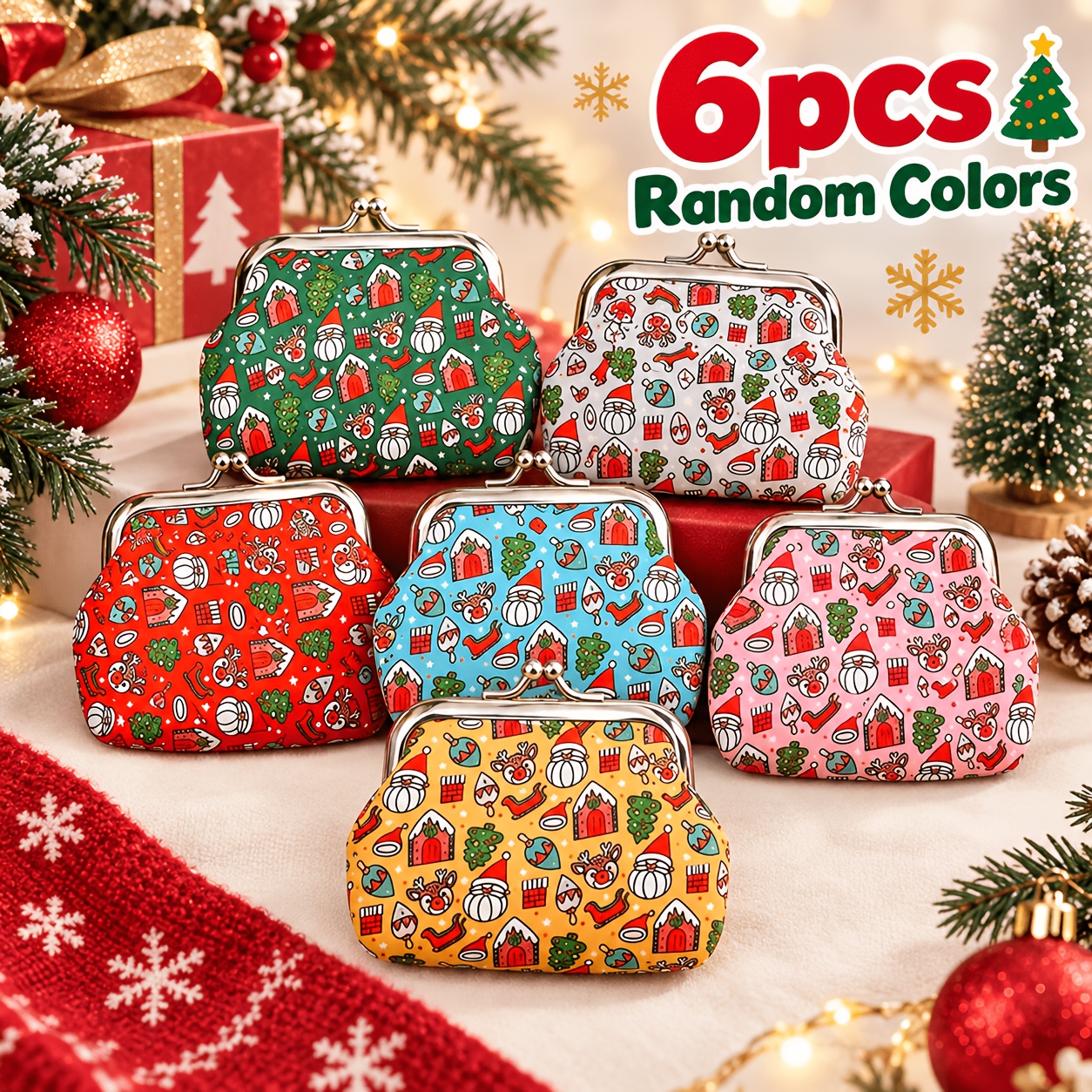 TEMU 6 Christmas Cartoon Printed Coin Purses With Random Colors, Mini Coin Pouches, Multiple Colors Available, Holiday Small Gift, Christmas-themed