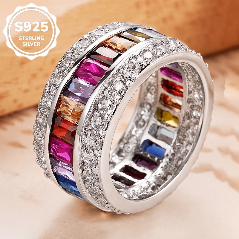 Image of 1pc S925 925 Silver Exquisite Fashion Multicolor Rectangular Synthetic Synthetic Zircon​ Men And Women Wide Ring Gift 5 Size Optional High-quality Jewelry Daily Casual Wear