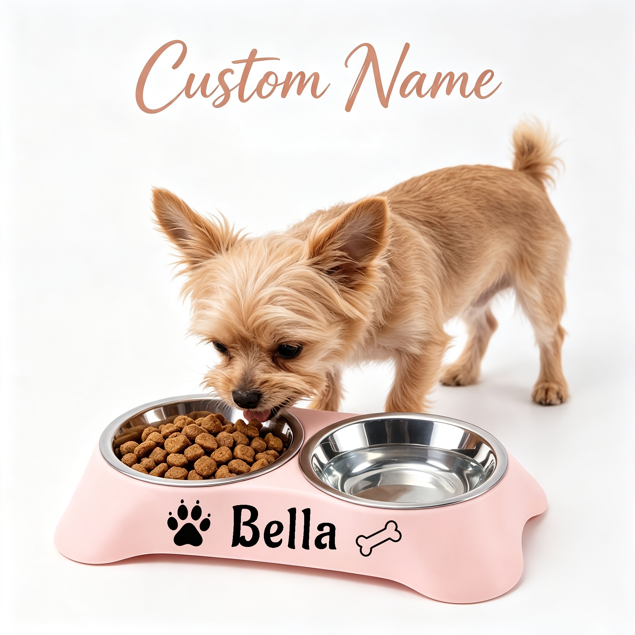 TEMU Pet Double Bowl Stainless Bowl For Water And Food, With Stainless Steel Inner Liner, Customizable With Name, Universal Food Bowl For Small To