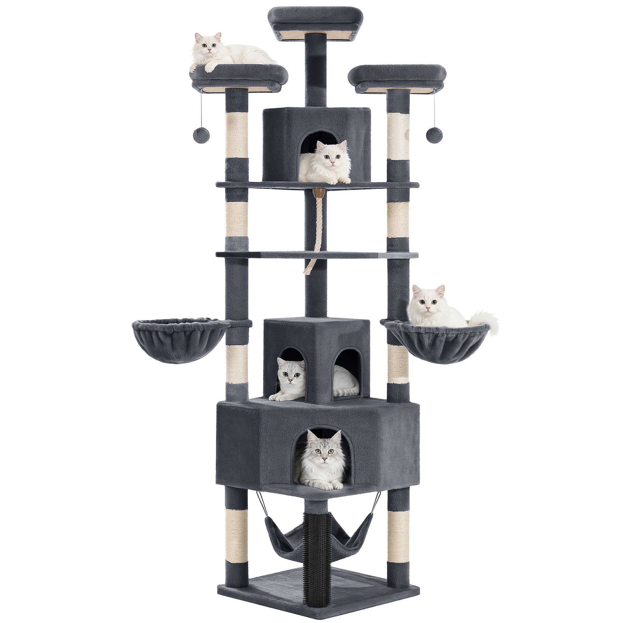 Cat Tree, 220cm Cat Tree With 3 Cat Houses, 3 Platforms, 3 Hammocks, 8 Sisal Posts, 1 And A Sisal Rope, Light Gray/dark Gray