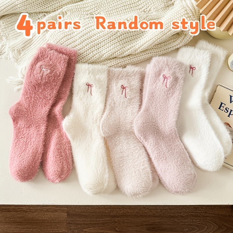 TEMU 4 Paar Zufällige Damen Herbst Winter Schleife Plüsch Niedliche Süße Mittelwaden Socken