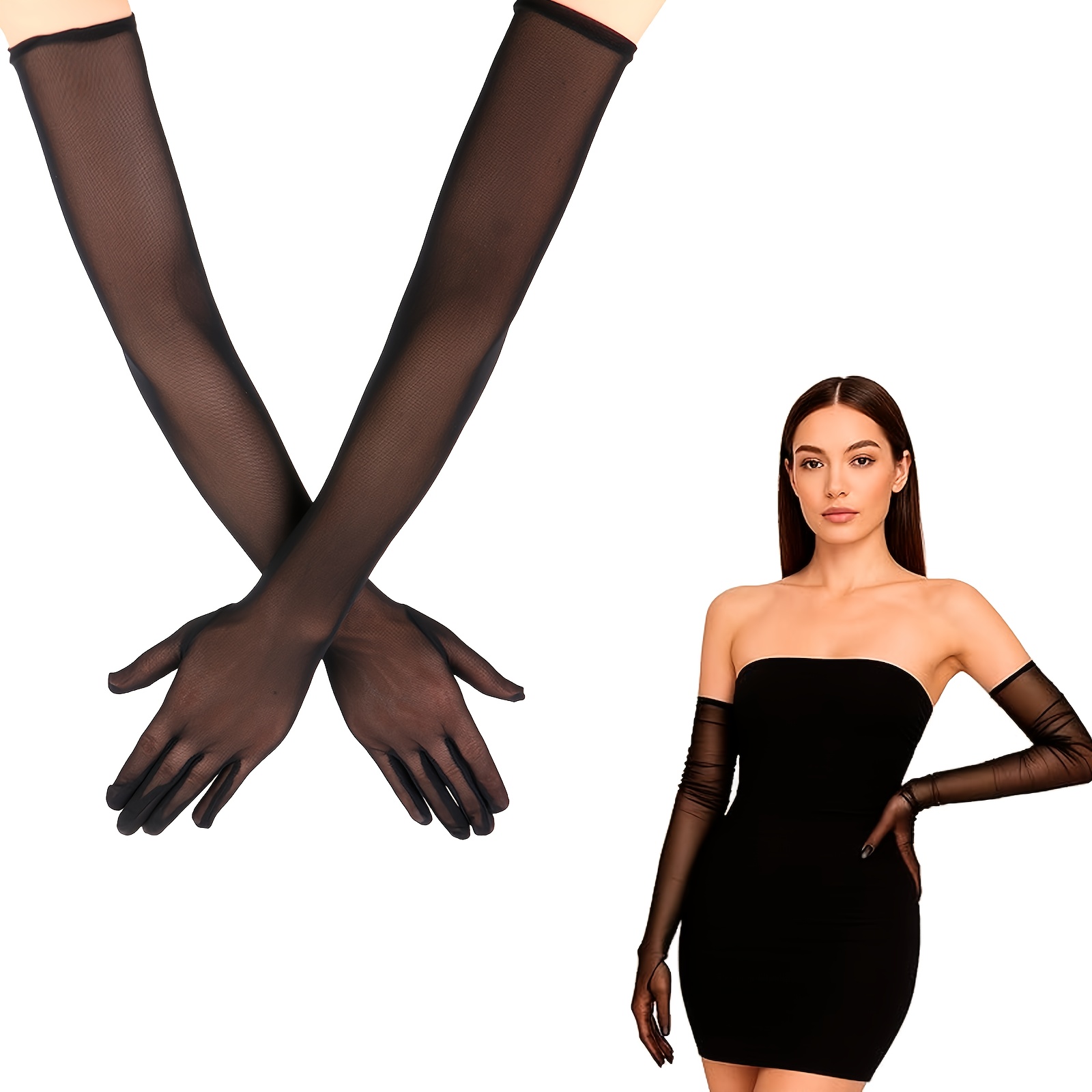Image of Long Black Sheer Gloves, Lace Opera Gloves, Mesh Women's Formal Gloves, Sheer Gloves Additions, Tea Party Additions, Baffle Ball Additions, Women's Bride