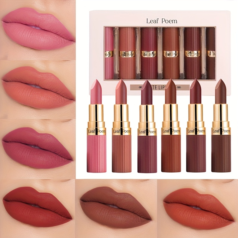Image of 6pcs Velvet Matte Lipstick Set, Long-lasting And Non-fading, Waterproof Lip Color, Creamy Texture, Squalane, Multi-tone Palette Suitable For Tones, Adult Use