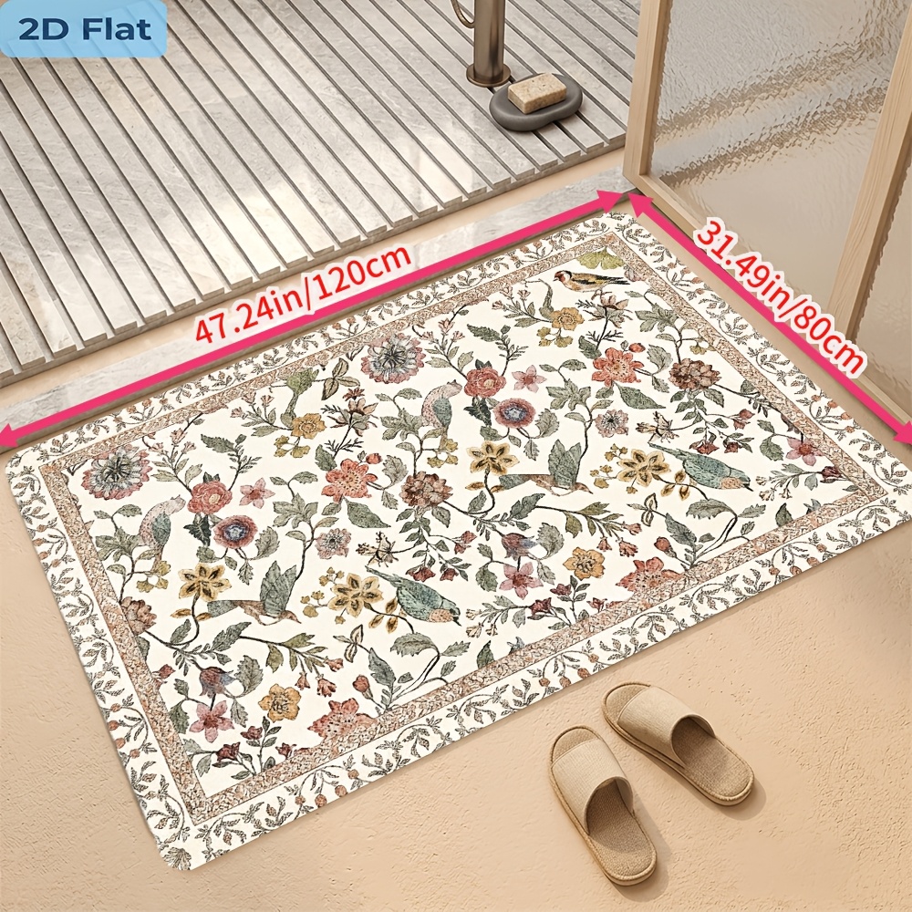 TEMU 2d Flat, 2d Flat Birds And Flowers Bath Suitable For Outdoor/indoor Use, Non-slip Soft Mat With Dotted Plastic Backing, Machine Washable Modern