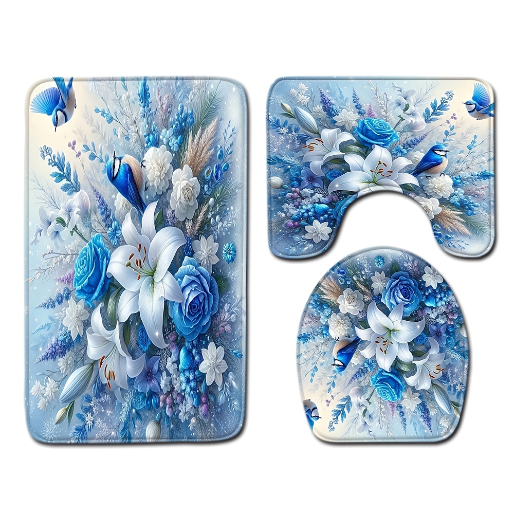 TEMU Lotus bleu rose oiseau ensemble de 3 pièces : tapis de sol, couvre-siège WC, paillasson absorbant en flanelle pour salle de bain, décoration