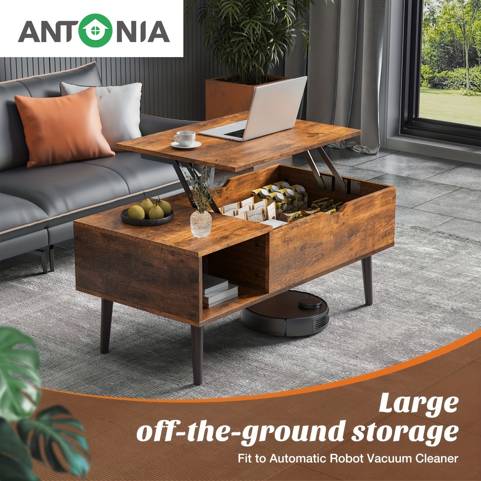 

Antonia Coffee Table Brown, Lift Top Coffee Tables For Living Room, Small Rising Wooden Dining Center Tables With Storage Shelf And Hidden Compartment