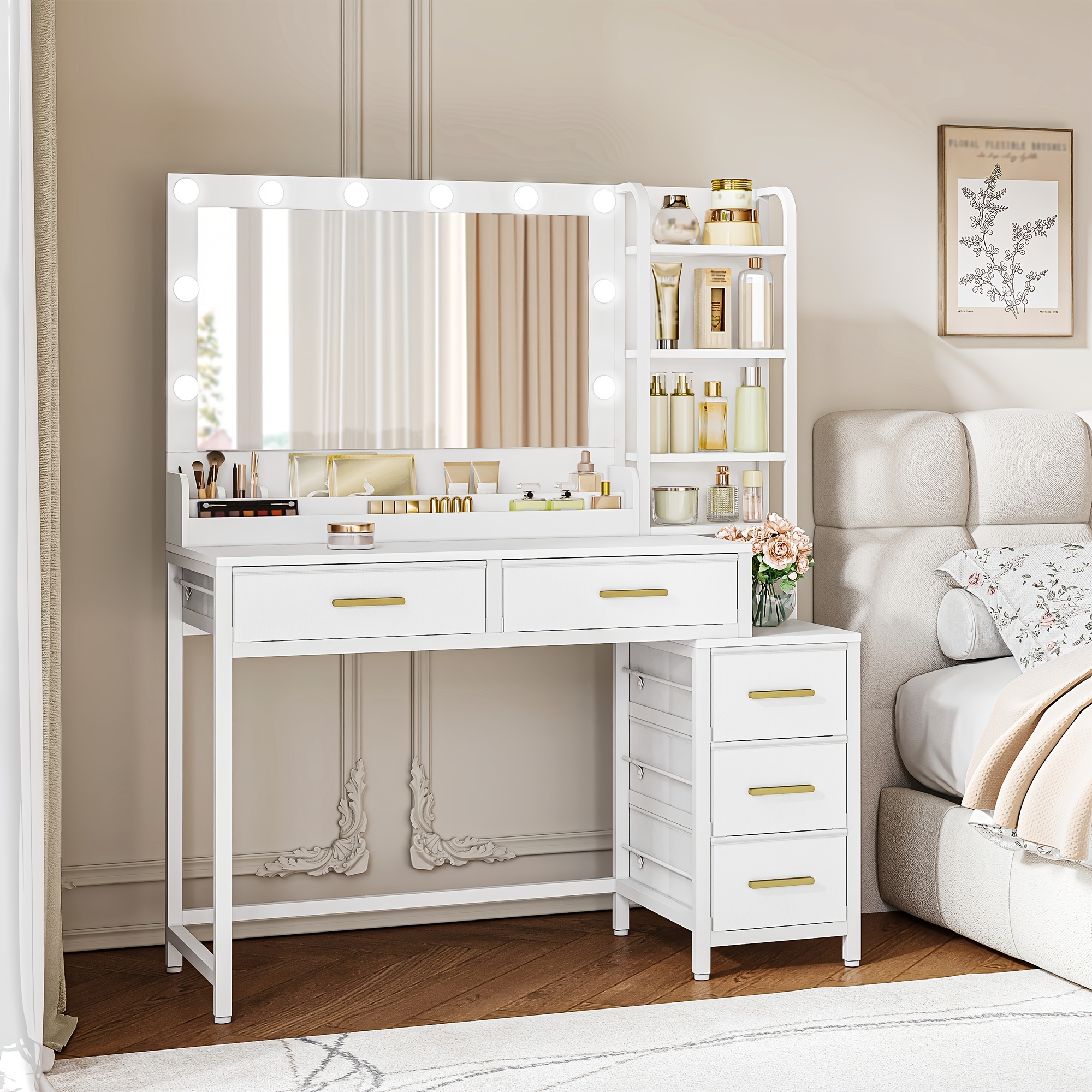 110 Cm Vanity with LED Lights, Large Mirror & Adjustable Brightness