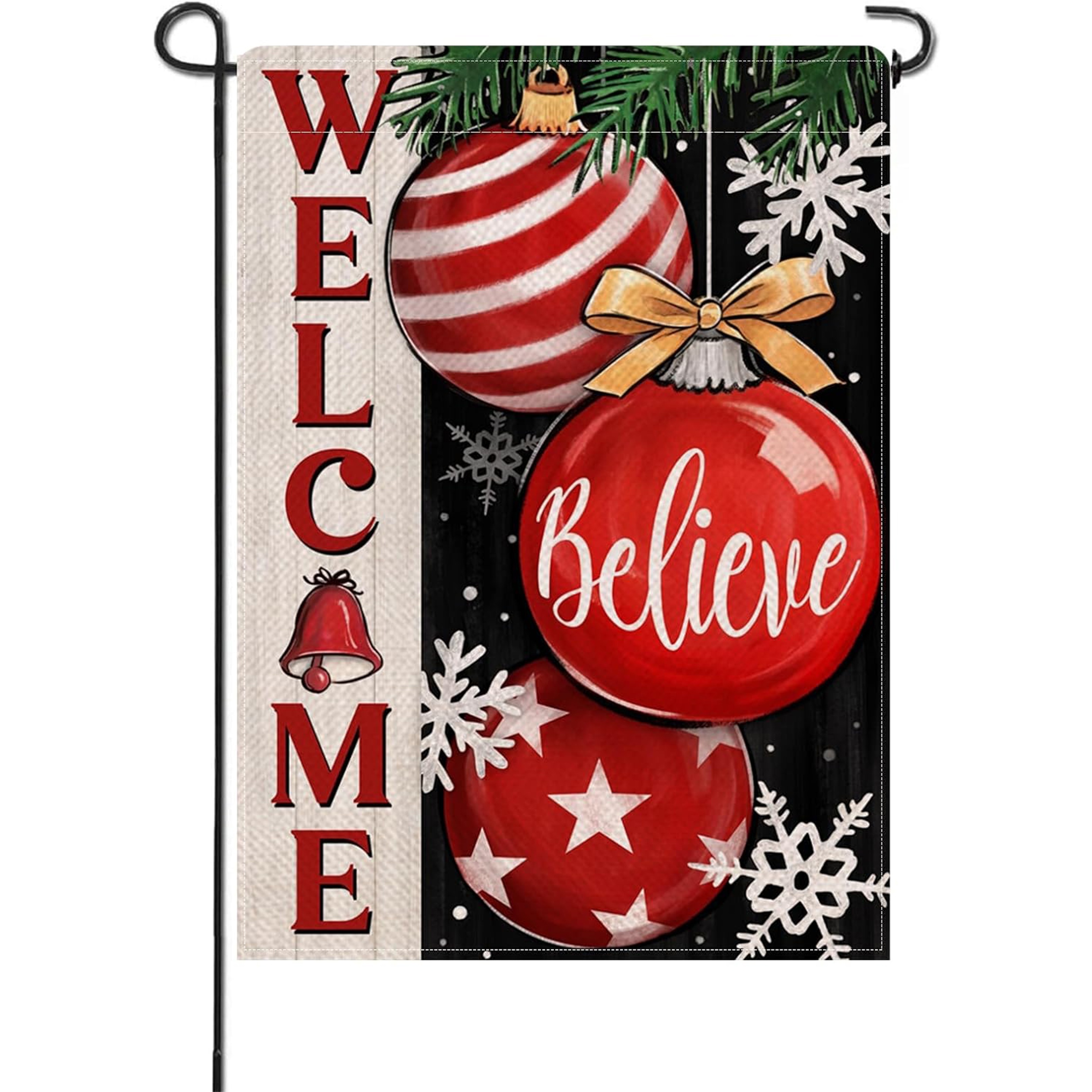 

Christmas Garden Flag - Polyester Welcome & Believe Motif - Double-sided Seasonal Outdoor Flag For Yard & Lawn - Decorative Ornament & Snowflake Design - Weather-resistant 12x18" (1pc, Flag Only)