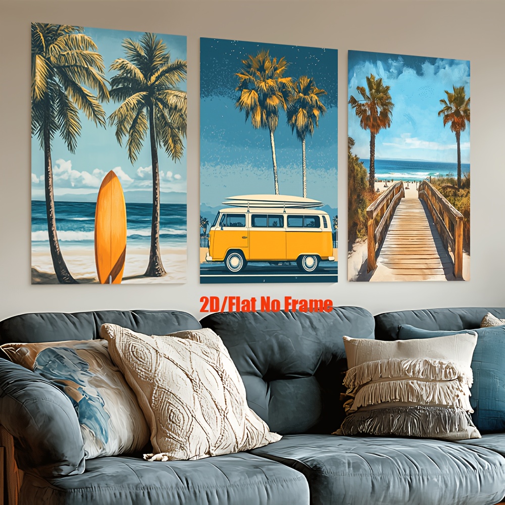 TEMU 2d Flat, 2d Flat, 3pcs/set, Canvas Painting - Unframed, , Palm Trees And Surfboards, Posters And Prints, Bar, Office, Perfect Birthday, Living
