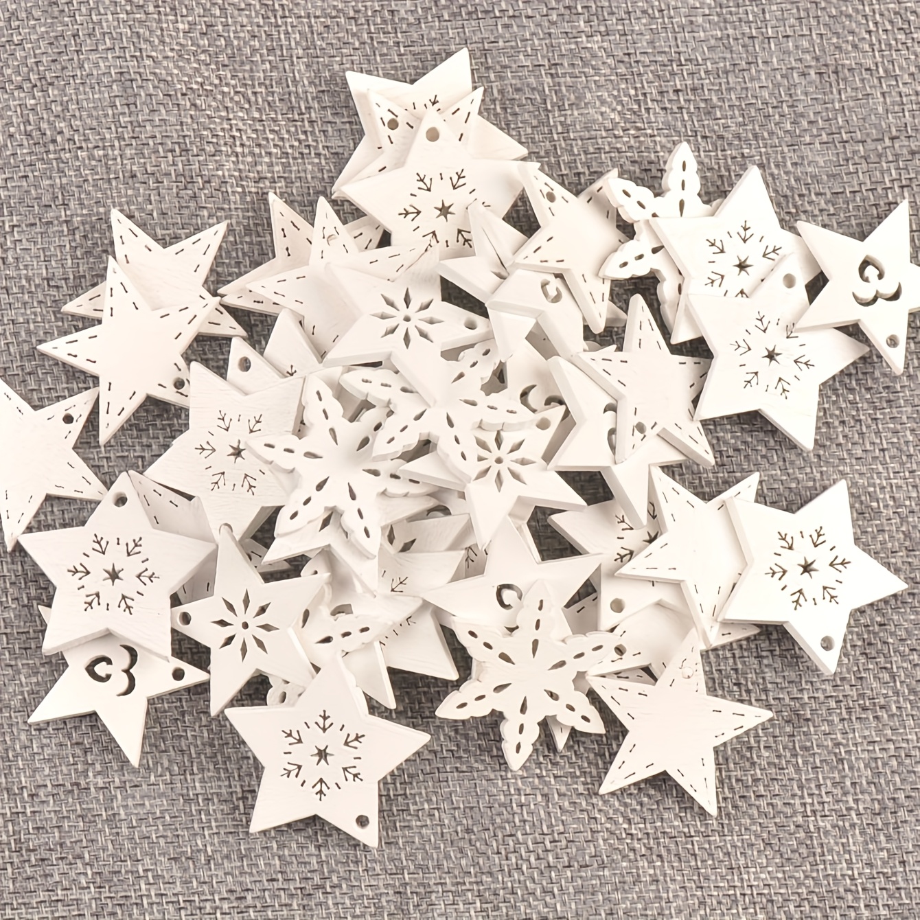 Image of 50pcs 30-32mm Mixed Pentagram Wooden Pendants Christmas Tree Hanging Ornaments Snowflake Wood Chips Crafts Additions Christmas Party Home Decorations