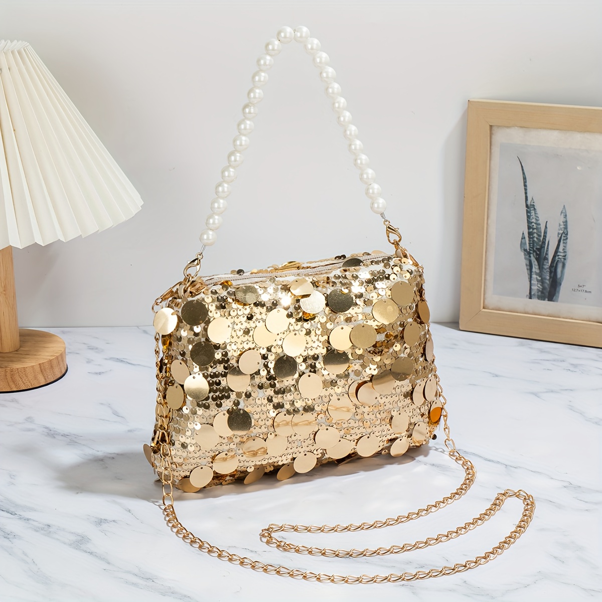 Image of Stylish And Elegant Women's Evening Bag, Pearl Handle, Sequin-decorated Women's Bag, Detachable Shoulder Strap, Stylish Travel, Suitable For Dinners, Parties, Dates, Weddings, Nights