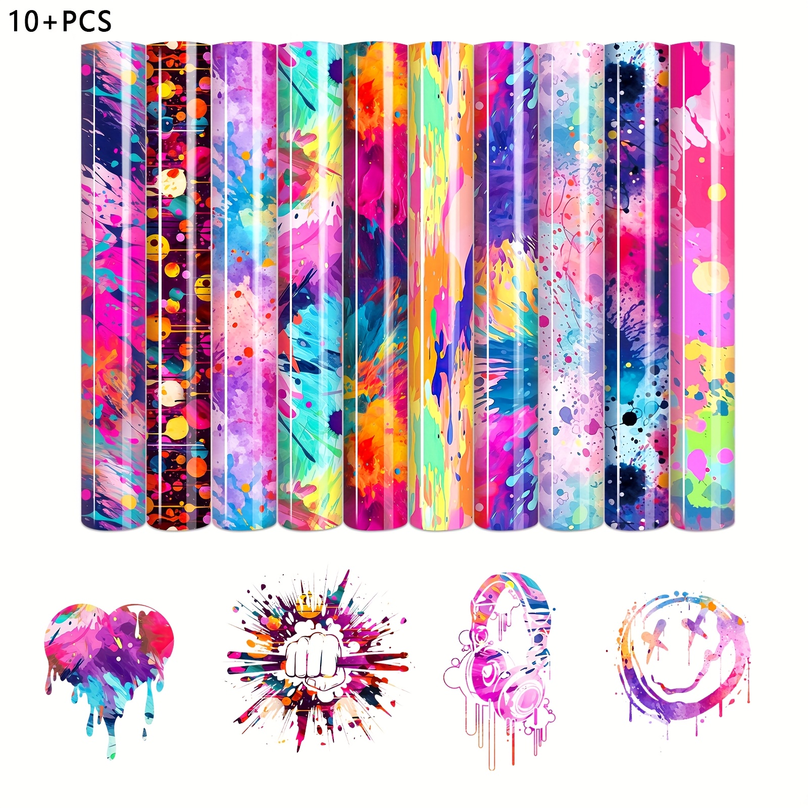 E-shop Wasserfarben-Spritzer HTV-Vinyl - 10 Stück von 30cmx25cm Bunte -Wärmeübertragungsfolie, geeignet für T-Shirts, Tragetaschen, Hüte, Hosen,