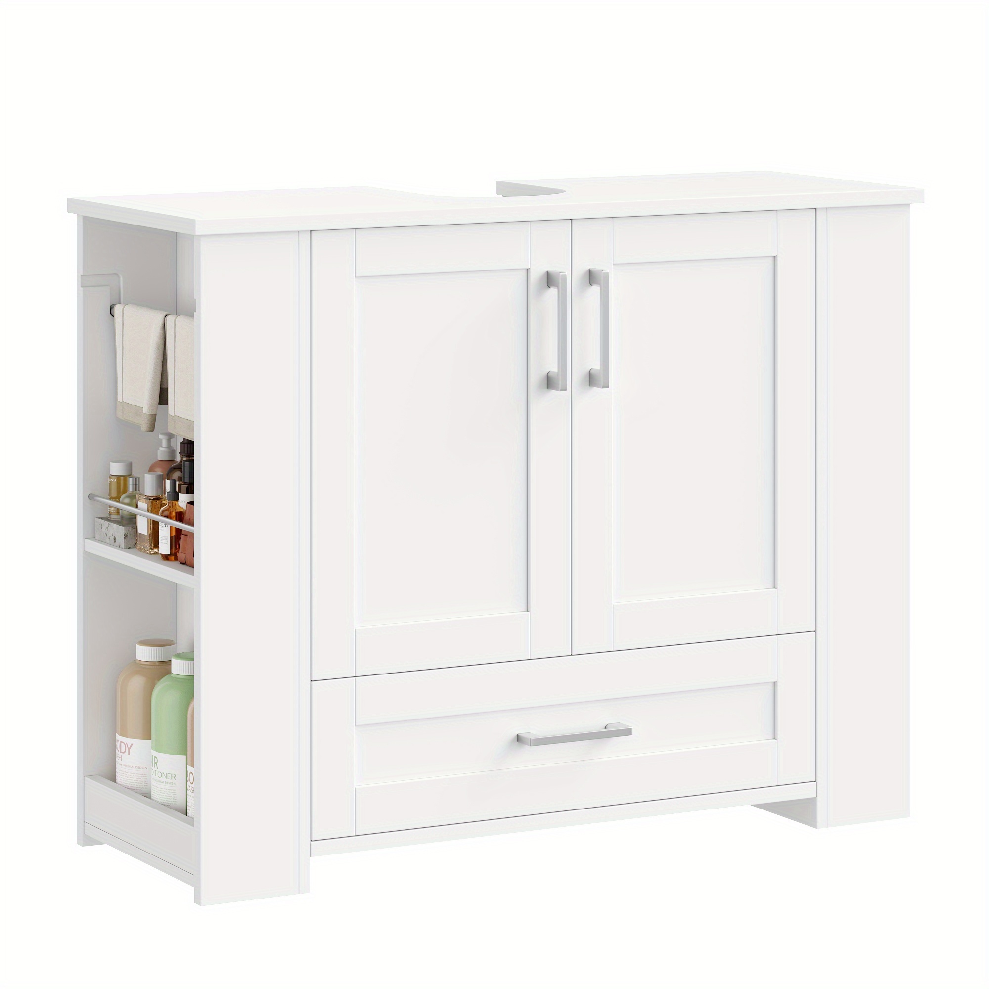 Image of Kealive Chest Of Drawers, Vanity Unit With 2 Doors And 1 Drawer, White Bathroom Cabinet With Open Compartments, Door Compartments