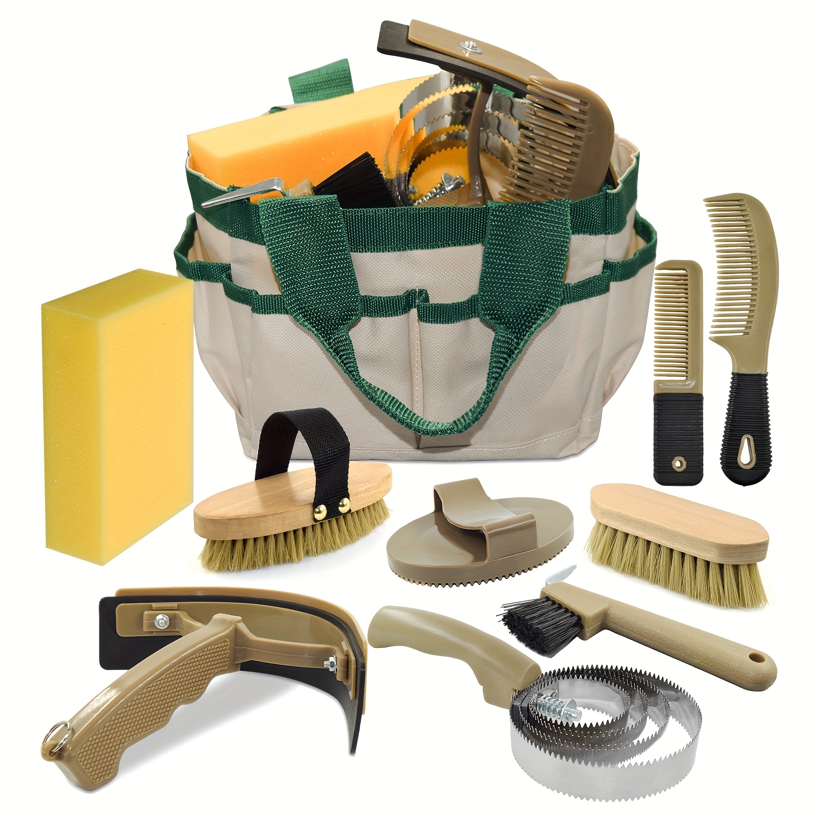 Image of Complete 9pcs Horse Grooming Kit With Tote Bag, Horse Brush Set For Effective Grooming And Bathing, Professional Equine Supplies For Horse