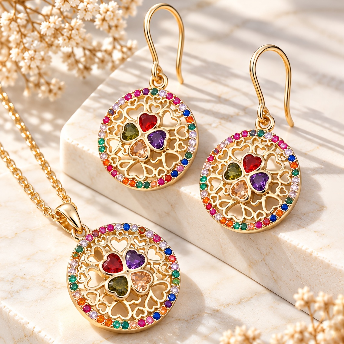 TEMU Parure de bijoux pour femme 3 pièces style bohème de luxe et tendance : boucles d'oreilles rondes ajourées de cœur, arbre de vie et pendentif,