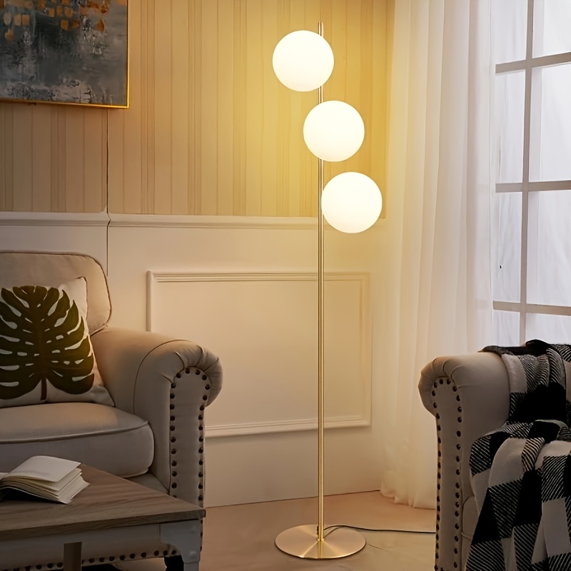 TEMU Lampe de sol 1/3 boules, Lampe sur pied en métal doré avec abat-jour en verre blanc , Lampe à poteau haut pour salon, chambre et bureau, Fournit